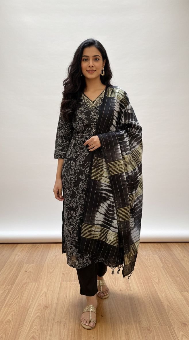 Floral Print Kurta with Shibori Dupatta Set - Image 9