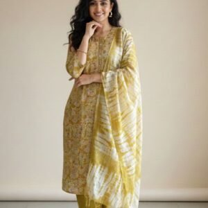 Floral Print Kurta with Shibori Dupatta Set