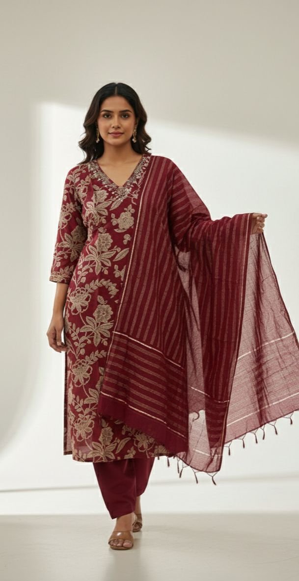 Floral Print Kurta with Shibori Dupatta Set - Image 5
