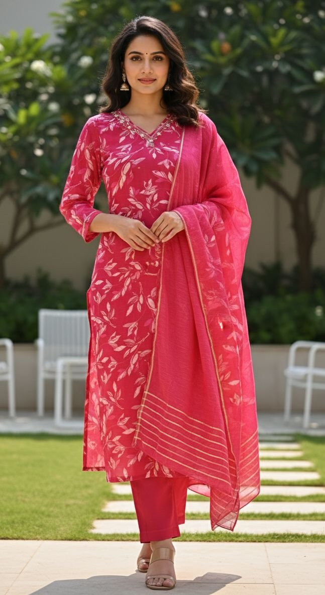 Floral Print Kurta with Shibori Dupatta Set - Image 4
