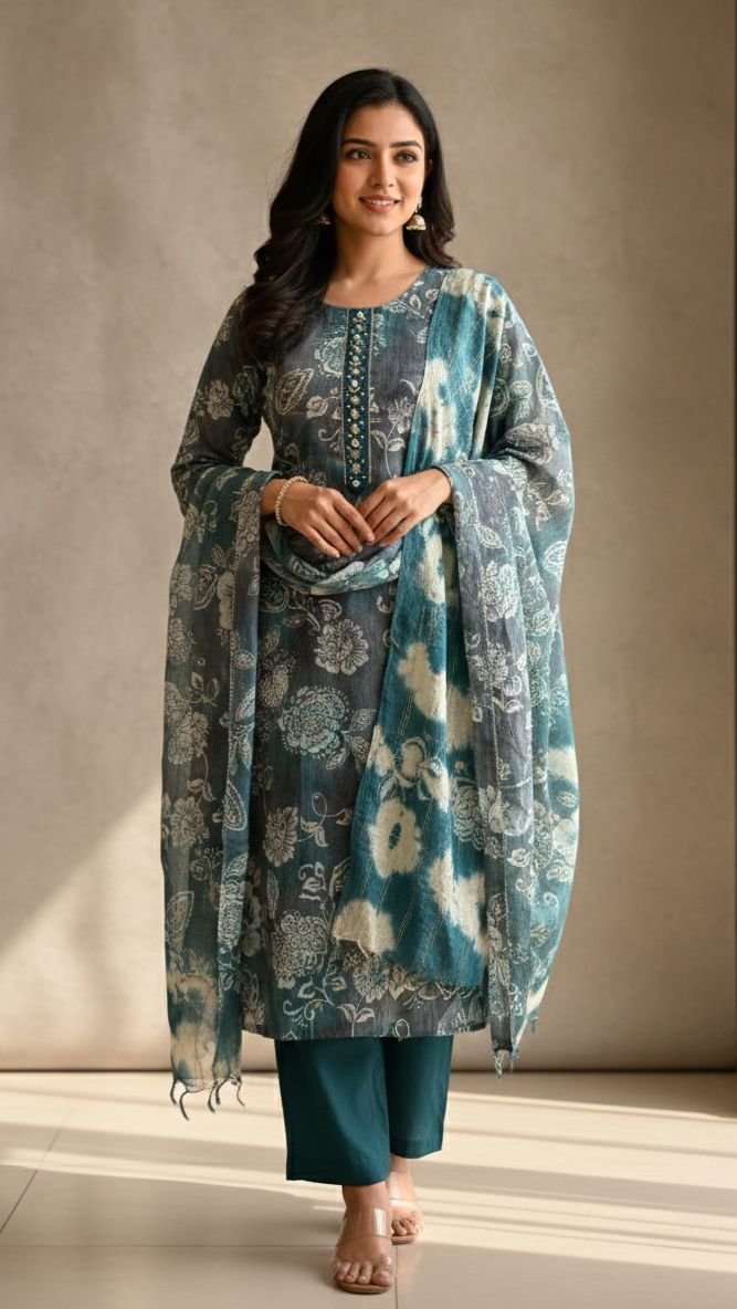 Floral Print Kurta with Shibori Dupatta Set - Image 3