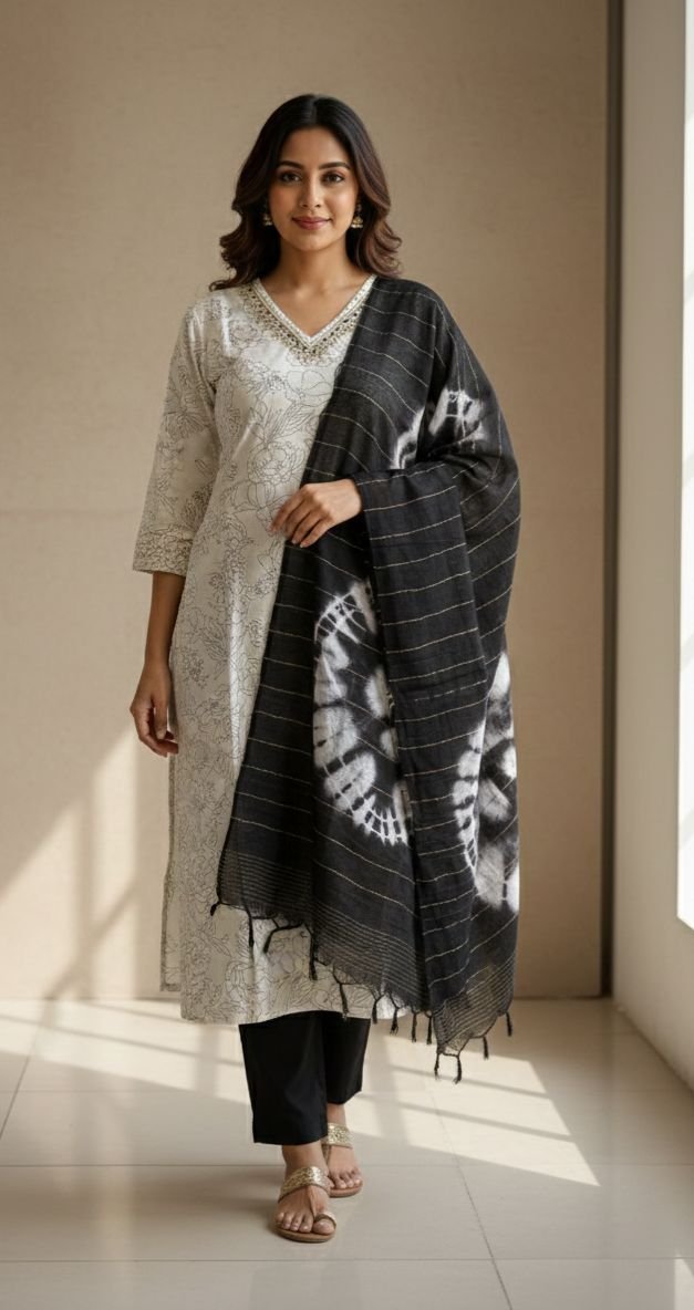 Floral Print Kurta with Shibori Dupatta Set - Image 2